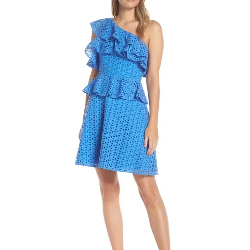 Lilly Pulitzer Josey One Shoulder Dress Coastal Blue Flower Eyelet Ruffles